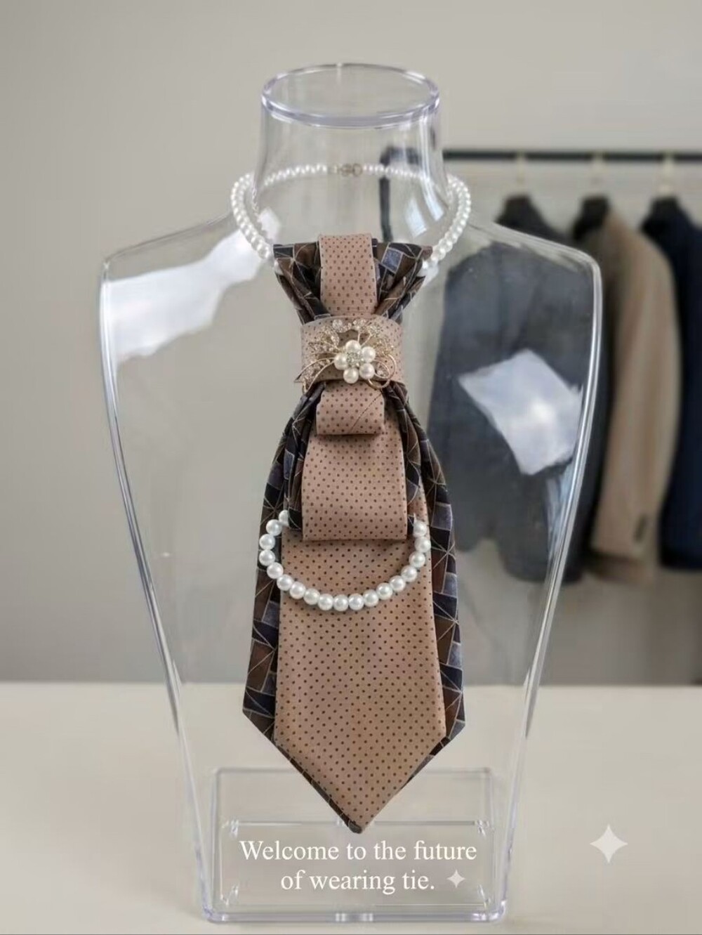 Brown Patterned Women's Decorative Tie with Pearl Accent